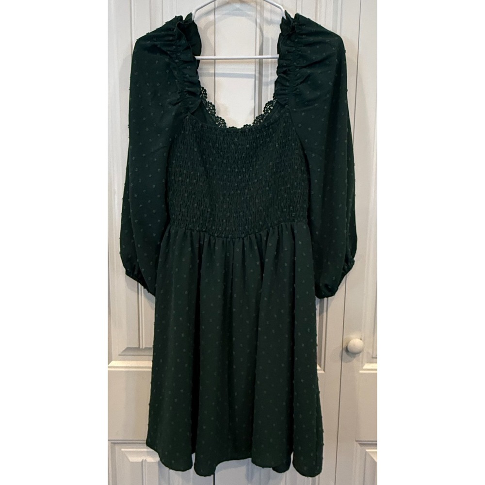 NWT‎ SHEIN Curve 0XL Green Swiss Dot Smocked Babydoll Dress Boho Cottagecore